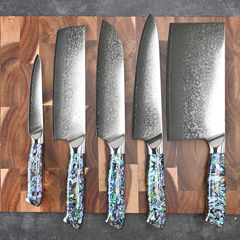 Sharp Kitchen Knives Chefs Cleaver Utility Slicing Paring Santoku Nakiri 10Cr15CoMoV Damascus Steel Knife Abalone Shell Handle