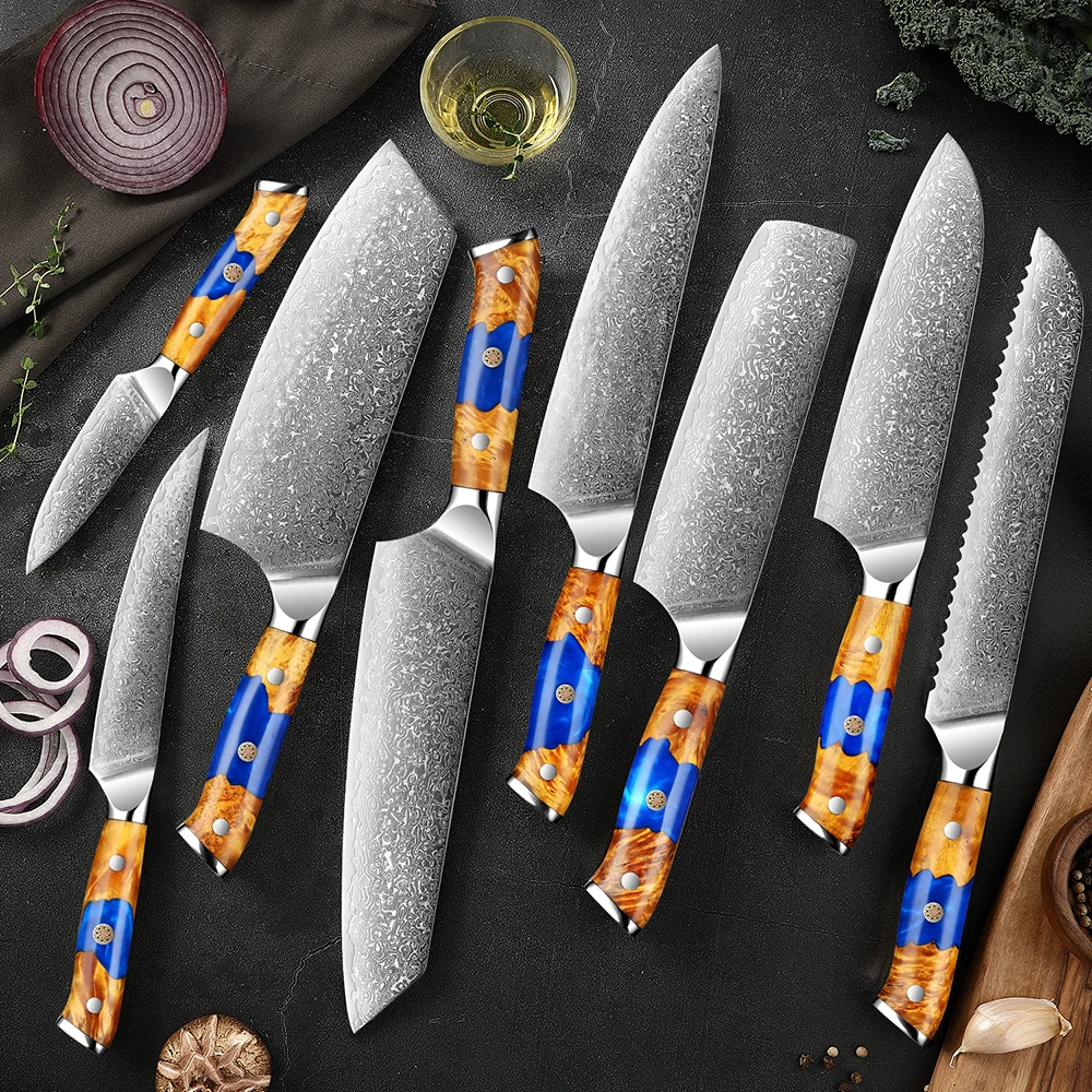 Ultra Sharp Kitchen Knives Japanese VG10 Steel Core Chef Cooking Knife Blue Resin Stabilized Wood Handle Fruit Knives