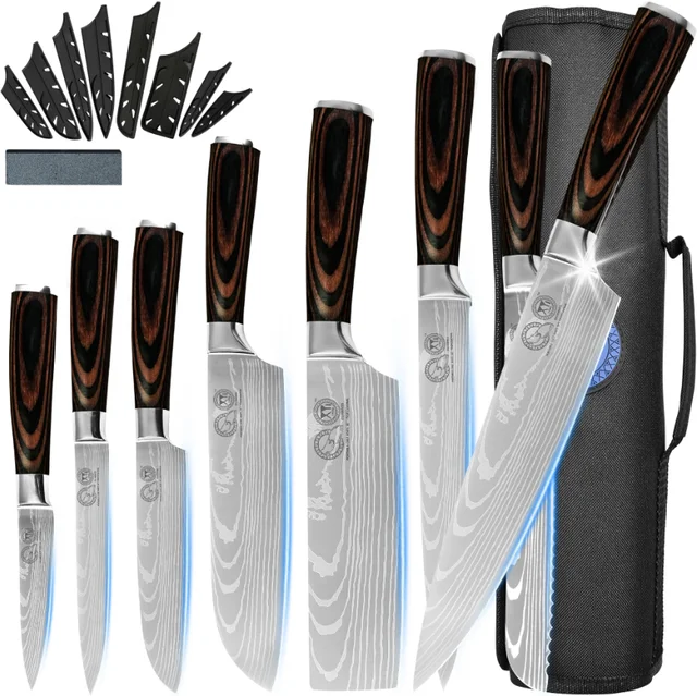 Stainless Steel Knives Set With Roll Bag 8Pcs Japanese Cooking Chef Kitchen Knives Laser Damascus Pattern Knife With Covers