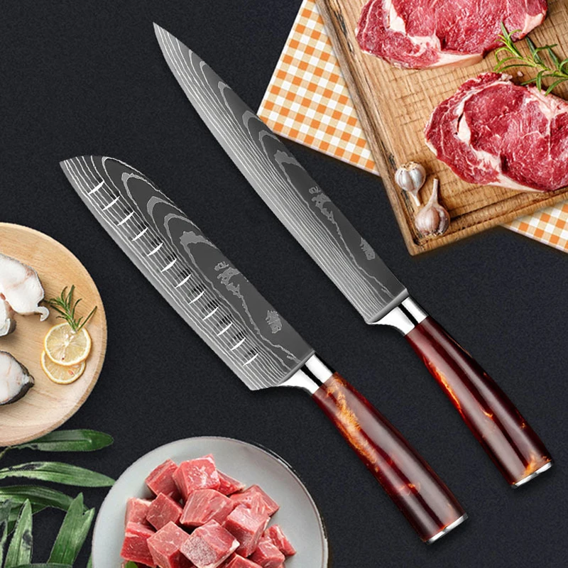 Kitchen Knives Sets Laser Damascus Pattern Sharp Santoku Knife Cleaver Slicing Utility Chef knife Kitchen Tools