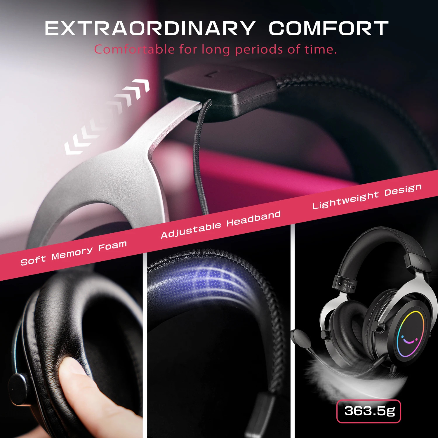 Gaming Headphone with Dynamic RGB/MIC/In-line control Ultra-Soft Memory Foam Ear Pads PC PS4 PS5 Xbox Laptops -H3