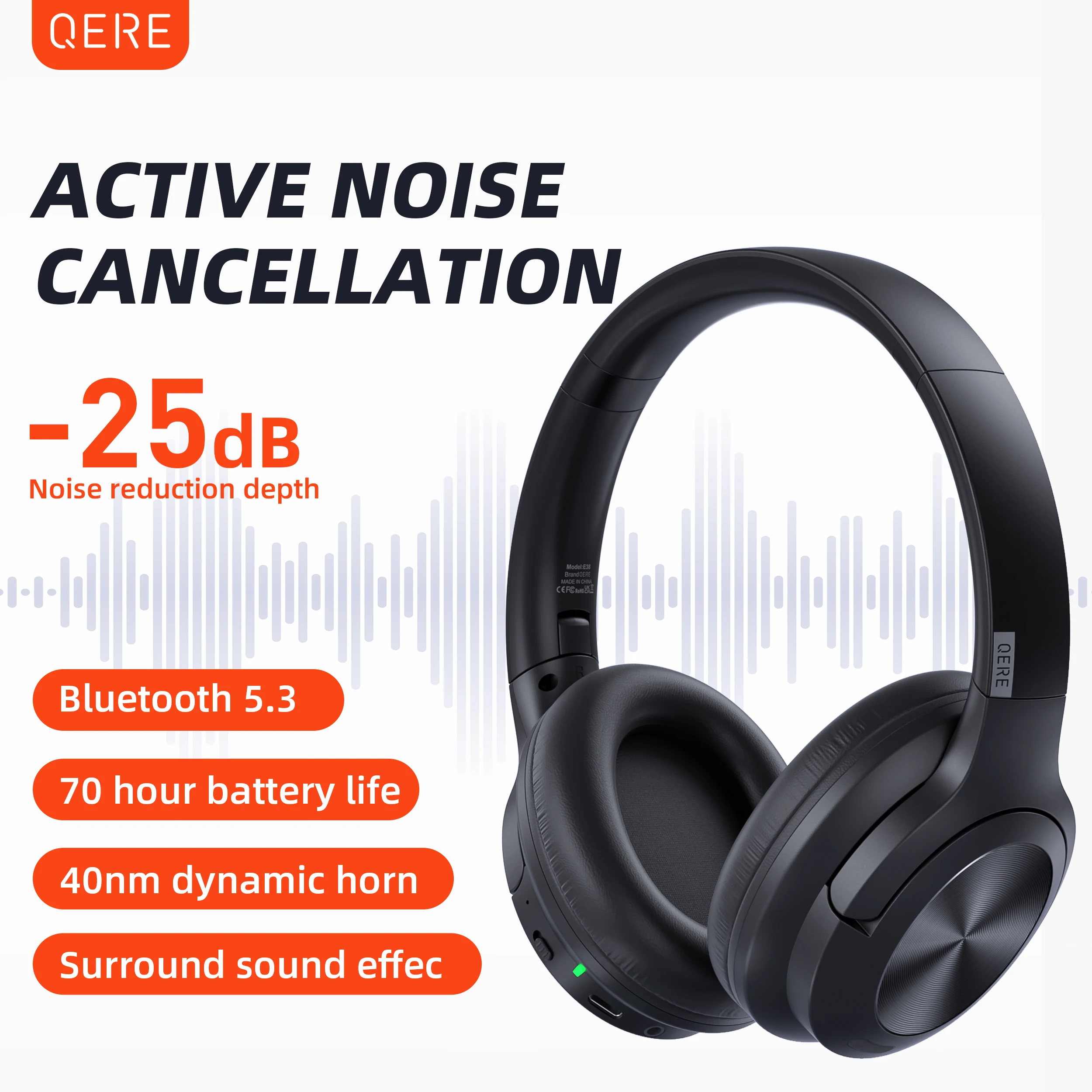 Wireless headphones QERE E80 Earphone bluetooth 5.3 ANC Noise Cancellation Hi-Res Audio Over the Ear Headset 70H 40mm Driver2.4G