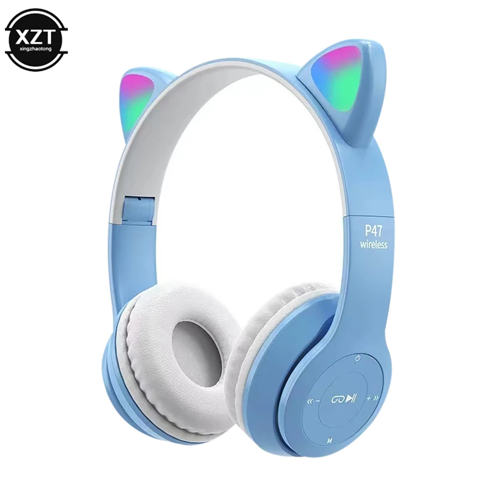 Flash Light Cute Cat Ears Wireless Headphone with Mic Control LED Kid Girl Stereo Music Helmet Phone Bluetooth Headset Gift