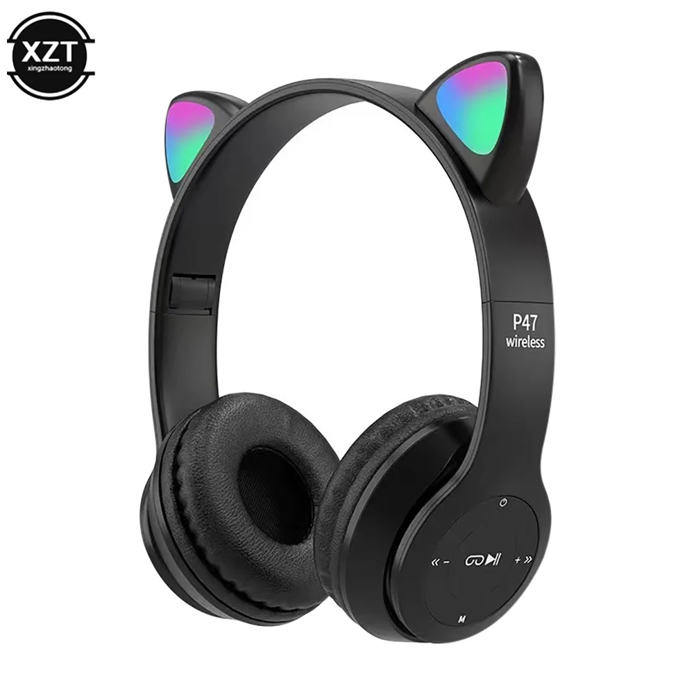 Flash Light Cute Cat Ears Wireless Headphone with Mic Control LED Kid Girl Stereo Music Helmet Phone Bluetooth Headset Gift