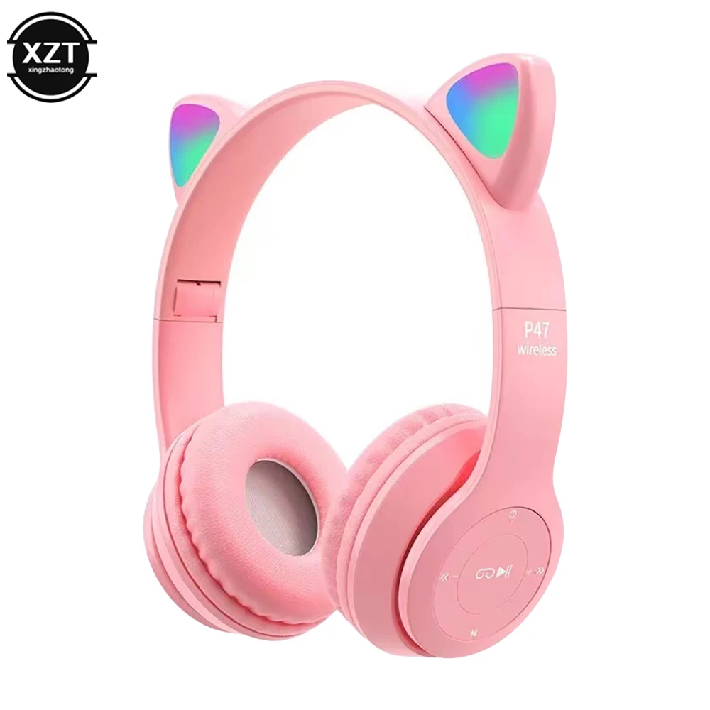 Flash Light Cute Cat Ears Wireless Headphone with Mic Control LED Kid Girl Stereo Music Helmet Phone Bluetooth Headset Gift