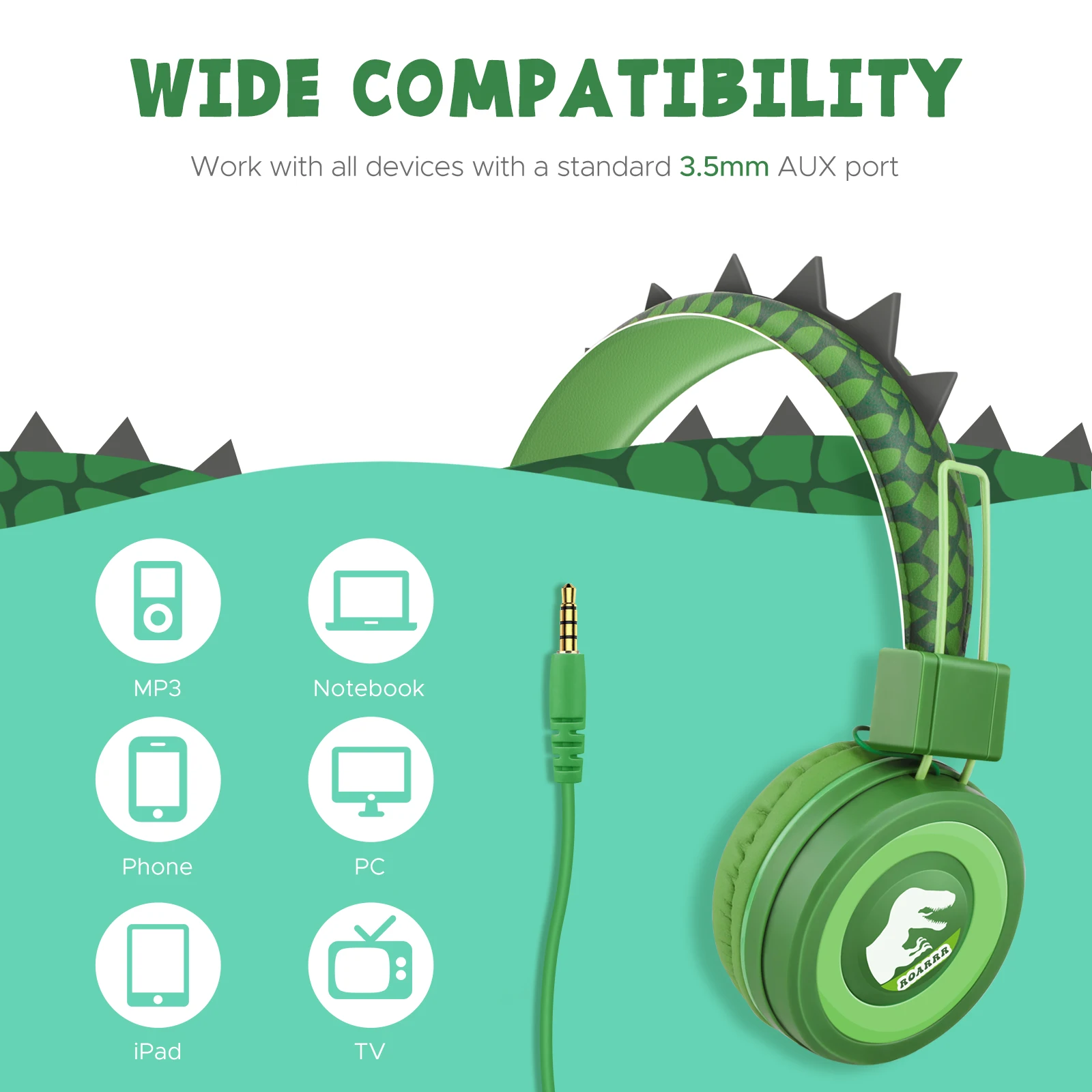 Kids Headphones for School Dinasour Over Ear Wired Headphones with Mic Foldable Headphones for Children/Teens/Boys/Girls Gifts