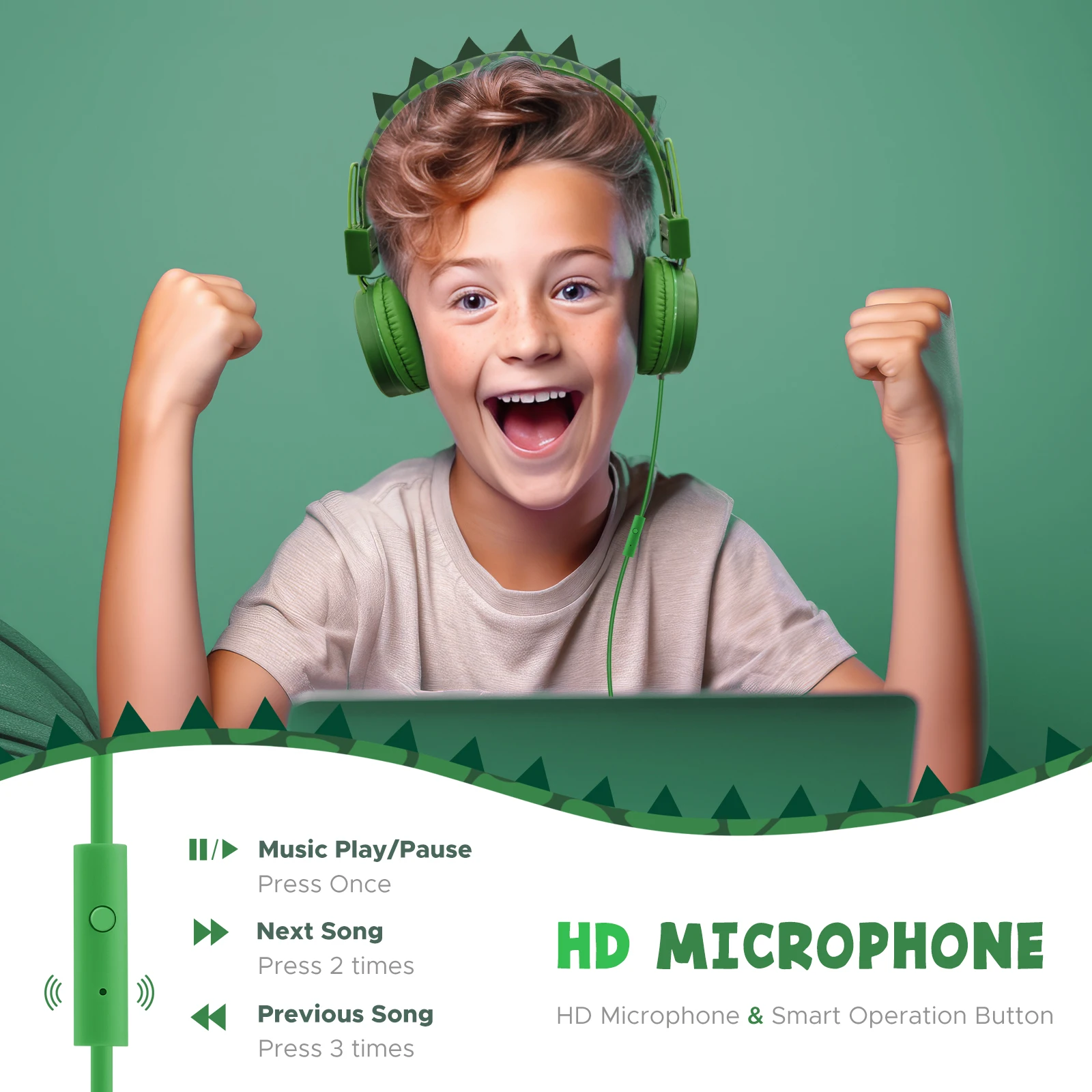 Kids Headphones for School Dinasour Over Ear Wired Headphones with Mic Foldable Headphones for Children/Teens/Boys/Girls Gifts