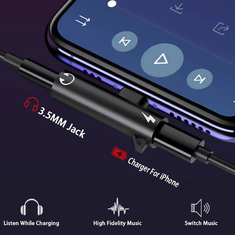 2 IN 1 Audio Headphone Charging Dual Adapter Splitter For iPhone XR XS X 7 8 11 11Pro For 3.5mm Jack to Earphone AUX Cable