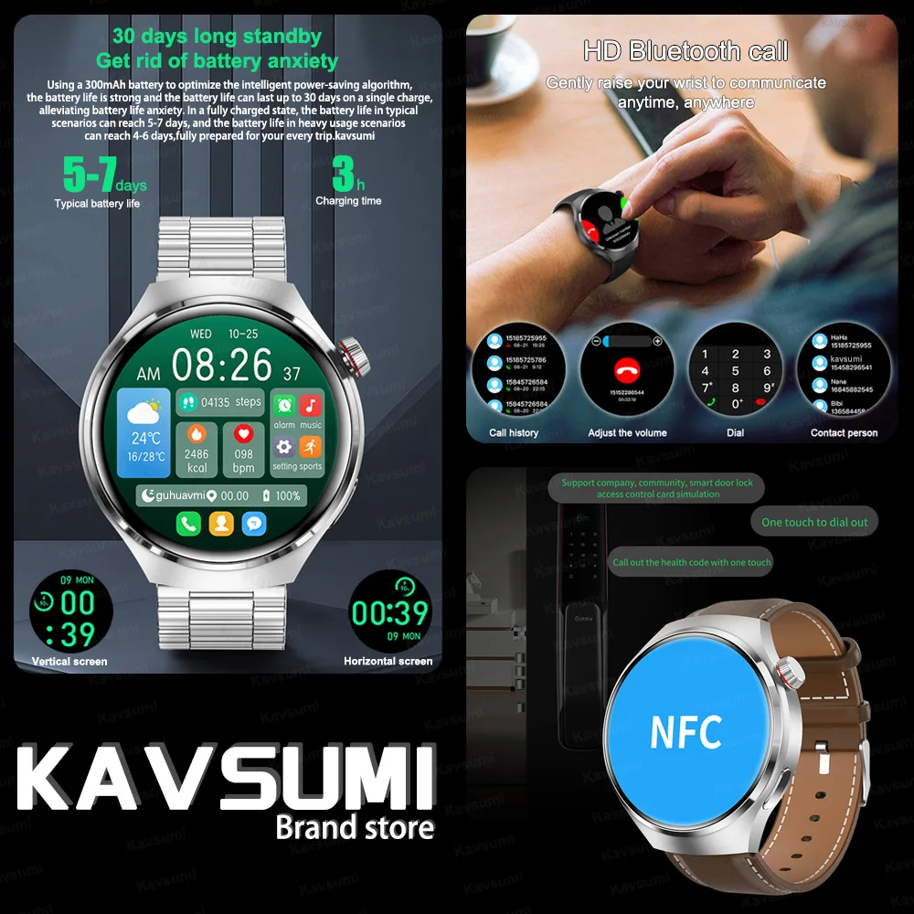 Men Huawei GT4 PRO Smart Watch 4 Pro AMOLED HD Screen Bluetooth Call GPS NFC Heart rate Blood Sugar Smart Watch