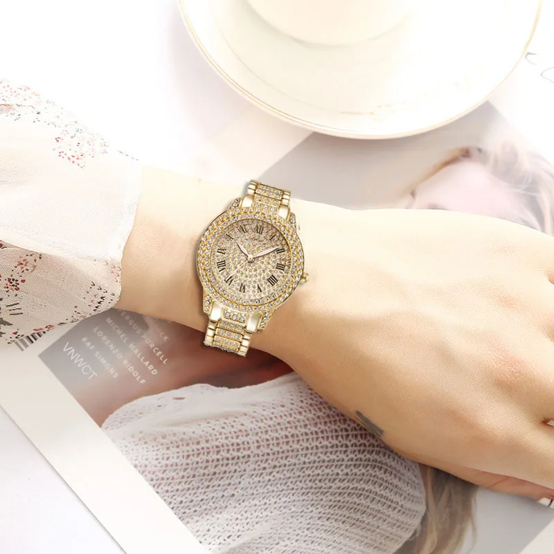 2pcs Luxury Women Diamond Watches Hip Hop Bracelet Ladies Quartz Watch Rose Gold Womens Wristwatch Shiny Crystal Reloj Mujer