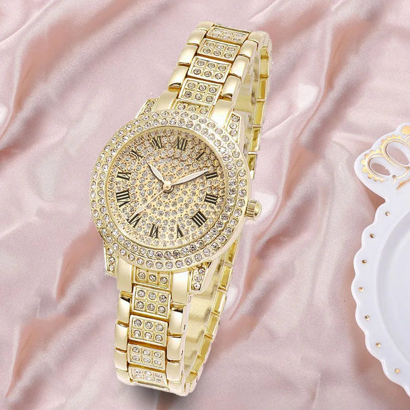 2pcs Luxury Women Diamond Watches Hip Hop Bracelet Ladies Quartz Watch Rose Gold Womens Wristwatch Shiny Crystal Reloj Mujer