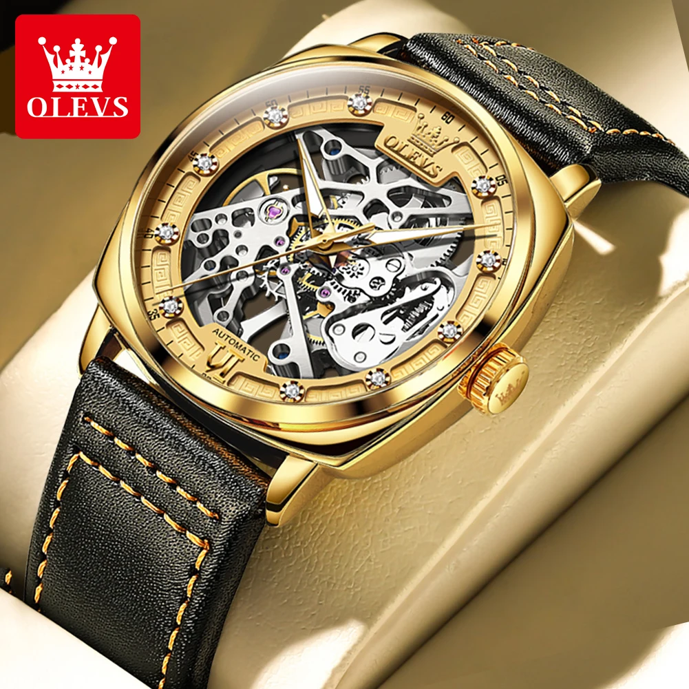 OLEVS Men's Automatic Mechanical Watch Leather Strap Skeleton Dial Waterproof Luminous Fashion Business Wristwatch Reloj Hombre