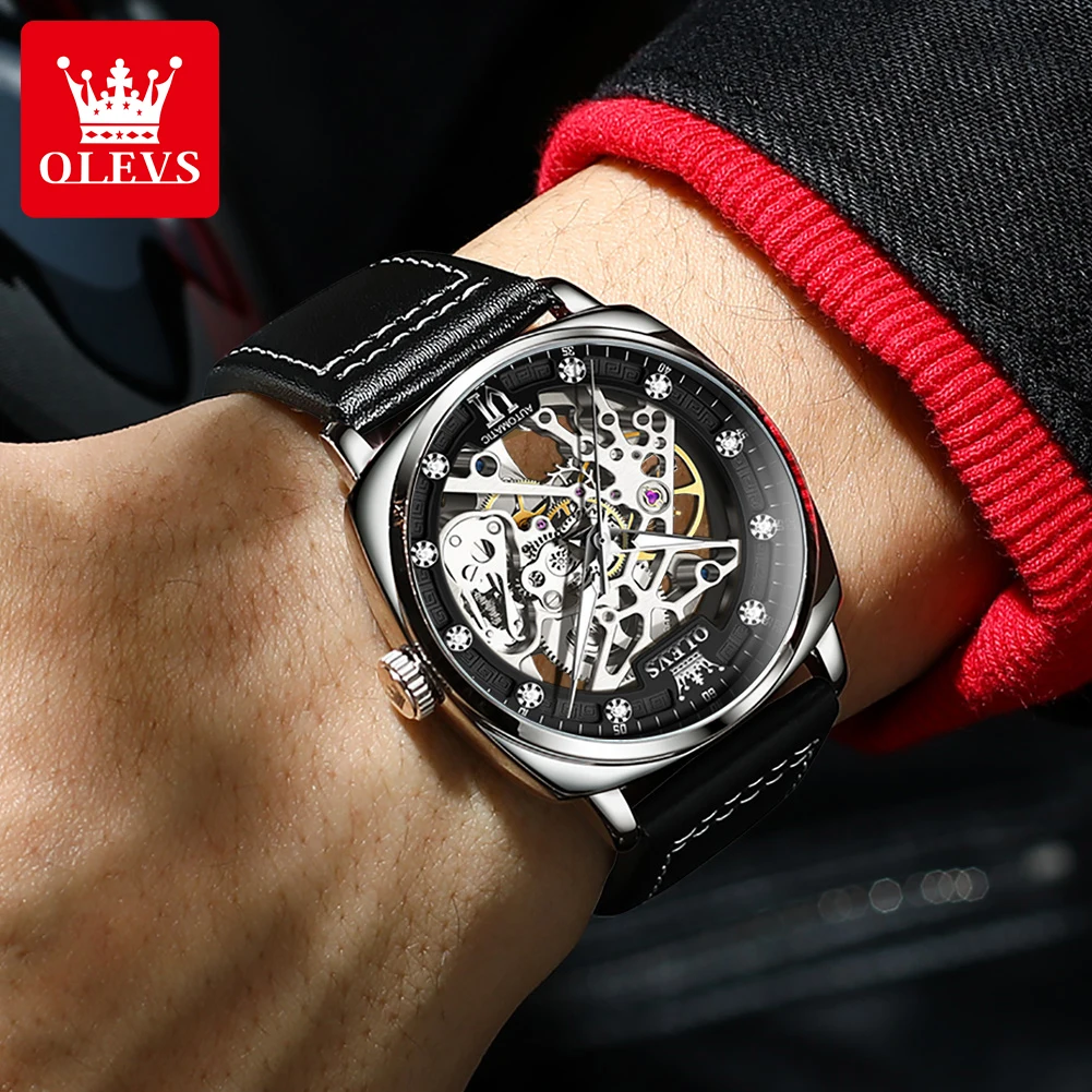 OLEVS Men's Automatic Mechanical Watch Leather Strap Skeleton Dial Waterproof Luminous Fashion Business Wristwatch Reloj Hombre