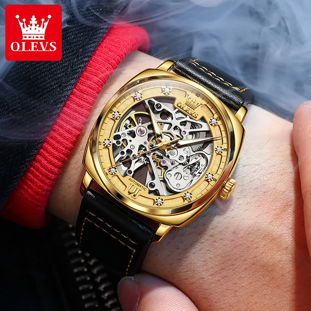 OLEVS Men's Automatic Mechanical Watch Leather Strap Skeleton Dial Waterproof Luminous Fashion Business Wristwatch Reloj Hombre