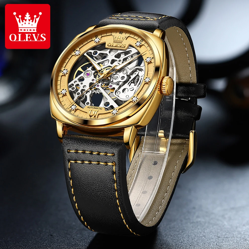 OLEVS Men's Automatic Mechanical Watch Leather Strap Skeleton Dial Waterproof Luminous Fashion Business Wristwatch Reloj Hombre
