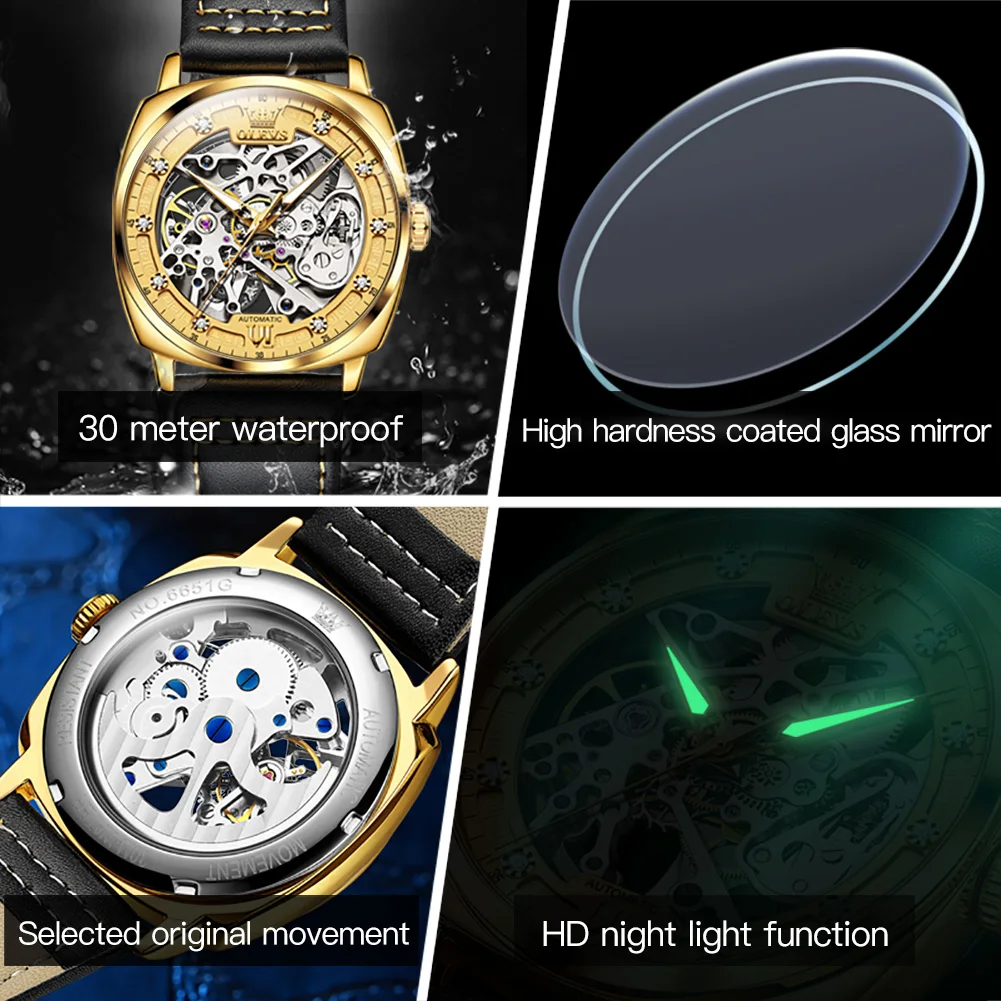 OLEVS Men's Automatic Mechanical Watch Leather Strap Skeleton Dial Waterproof Luminous Fashion Business Wristwatch Reloj Hombre