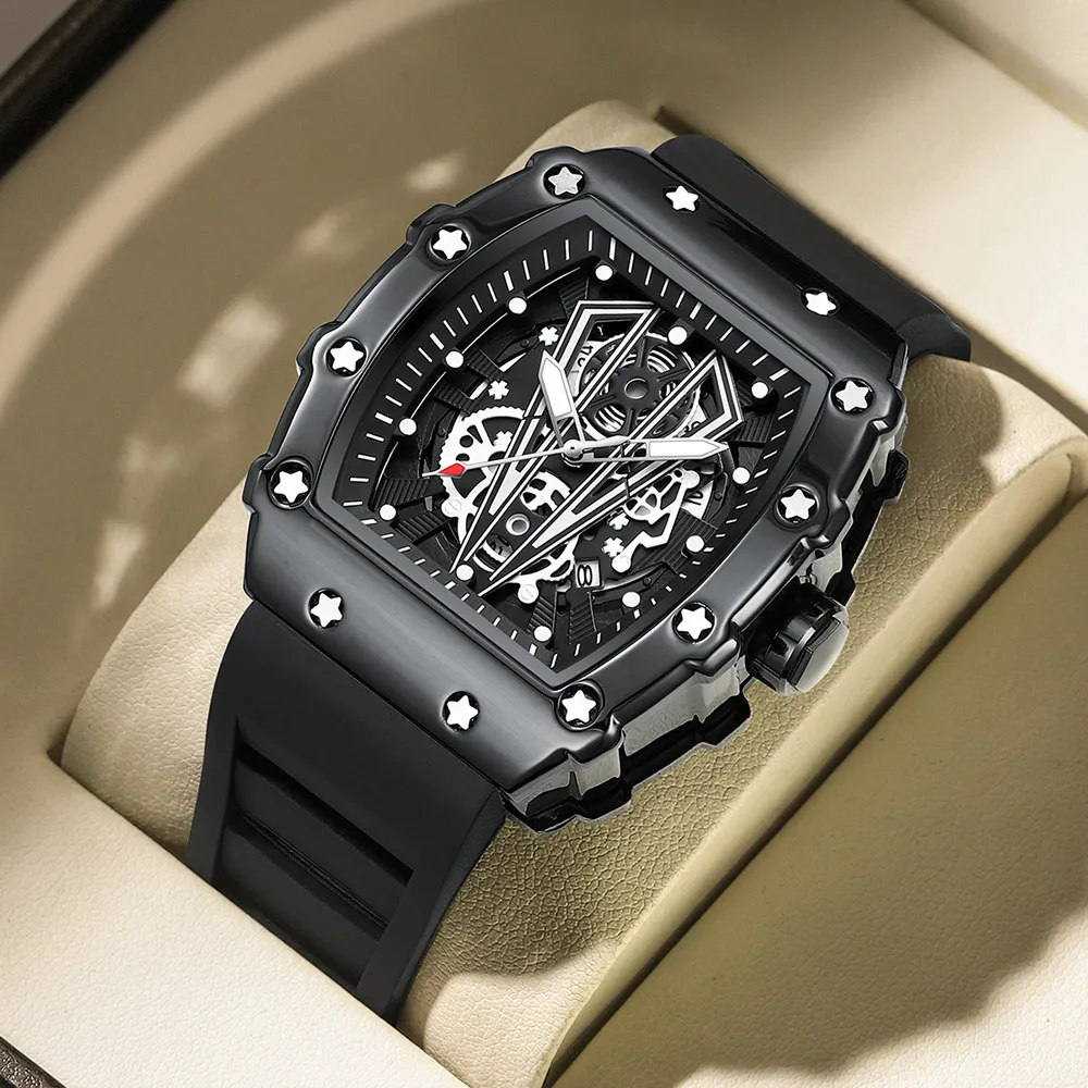 POEDAGAR Fashion Wristwatch Top Luxury Casual Waterproof Military Luminous Date Hollow out Silicone Strap Men Watch Tonneau Dial