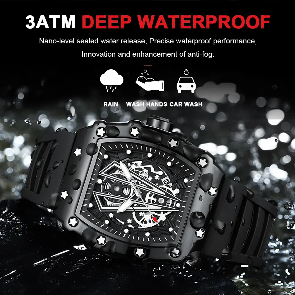 POEDAGAR Fashion Wristwatch Top Luxury Casual Waterproof Military Luminous Date Hollow out Silicone Strap Men Watch Tonneau Dial