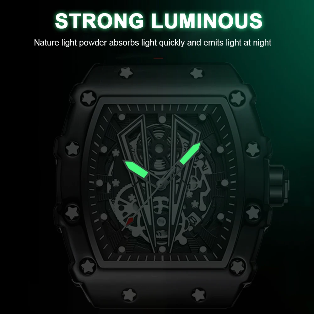 POEDAGAR Fashion Wristwatch Top Luxury Casual Waterproof Military Luminous Date Hollow out Silicone Strap Men Watch Tonneau Dial