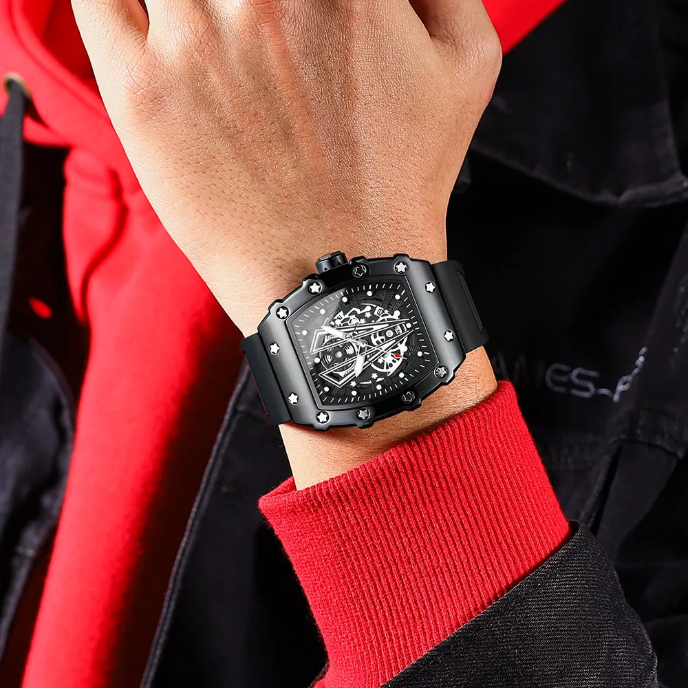 POEDAGAR Fashion Wristwatch Top Luxury Casual Waterproof Military Luminous Date Hollow out Silicone Strap Men Watch Tonneau Dial