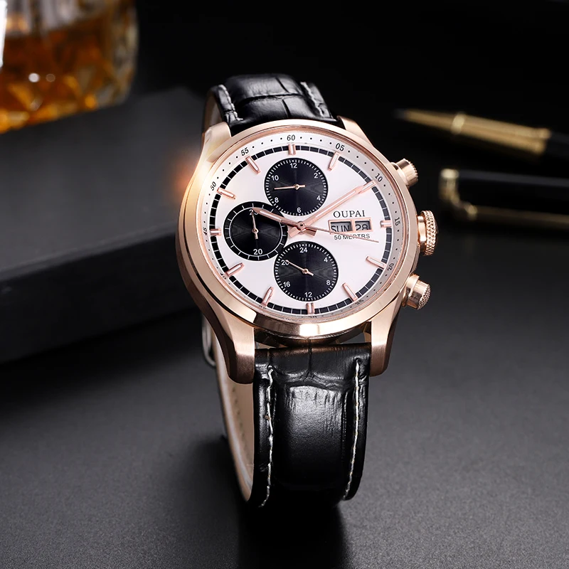 OUPAI Commander Design Multi-Function Automatic Watch Men with week Calendar Waterproof Luxury Sapphire Watch Men Leather Strap