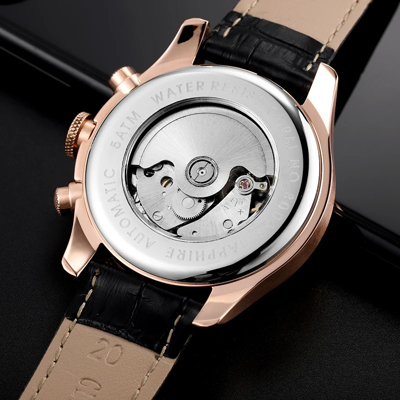 OUPAI Commander Design Multi-Function Automatic Watch Men with week Calendar Waterproof Luxury Sapphire Watch Men Leather Strap