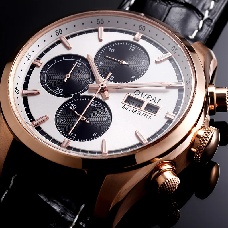 OUPAI Commander Design Multi-Function Automatic Watch Men with week Calendar Waterproof Luxury Sapphire Watch Men Leather Strap