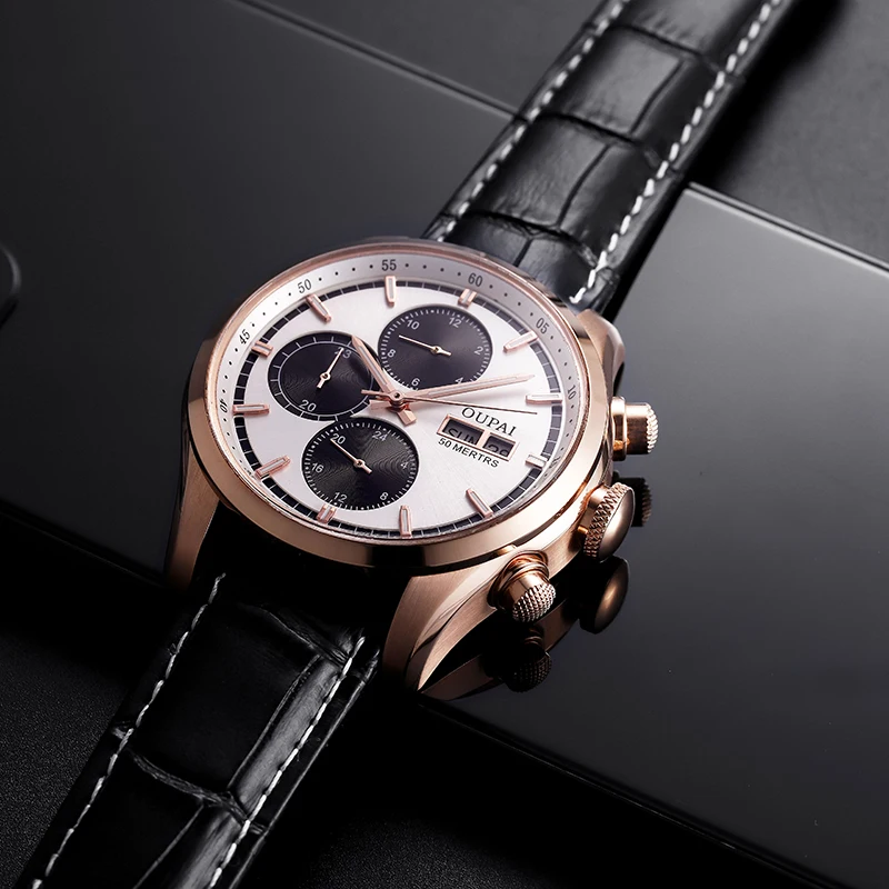 OUPAI Commander Design Multi-Function Automatic Watch Men with week Calendar Waterproof Luxury Sapphire Watch Men Leather Strap