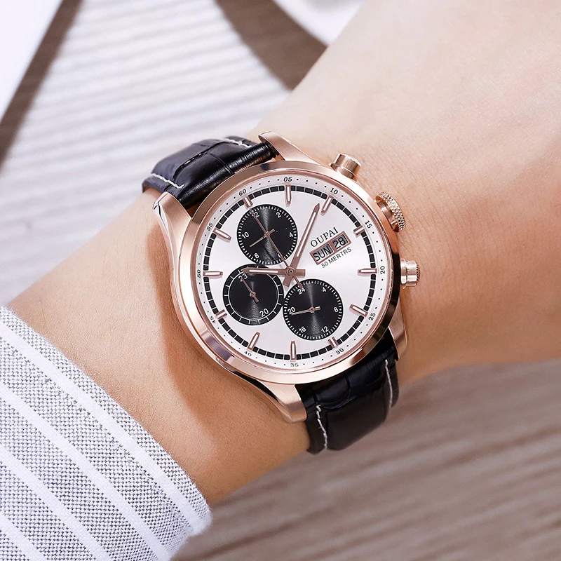 OUPAI Commander Design Multi-Function Automatic Watch Men with week Calendar Waterproof Luxury Sapphire Watch Men Leather Strap