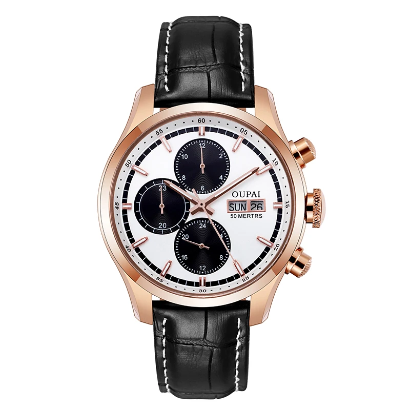 OUPAI Commander Design Multi-Function Automatic Watch Men with week Calendar Waterproof Luxury Sapphire Watch Men Leather Strap