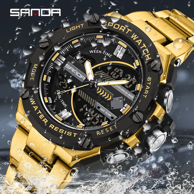 SANDA 3196 2023 New Sport Military Men's Watches 50M Waterproof Dual Display Wristwatch Male Clock Stopwatch Relogio Masculino