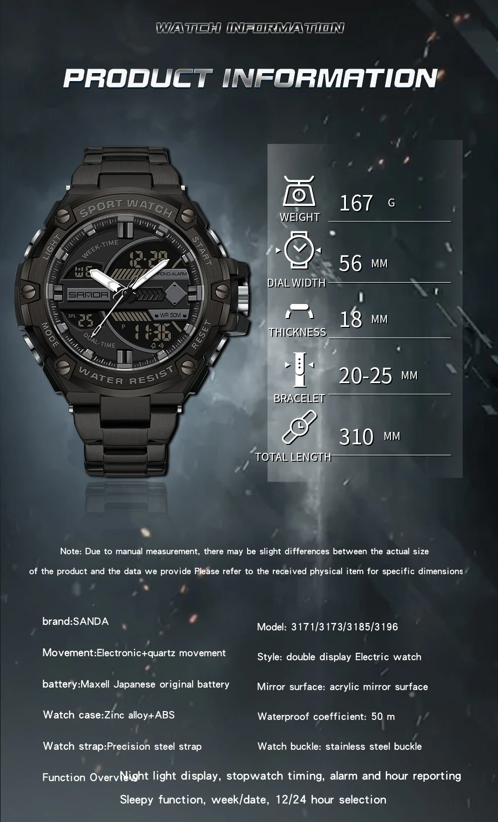 SANDA 3196 2023 New Sport Military Men's Watches 50M Waterproof Dual Display Wristwatch Male Clock Stopwatch Relogio Masculino