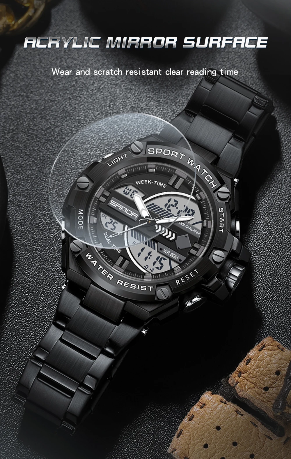 SANDA 3196 2023 New Sport Military Men's Watches 50M Waterproof Dual Display Wristwatch Male Clock Stopwatch Relogio Masculino