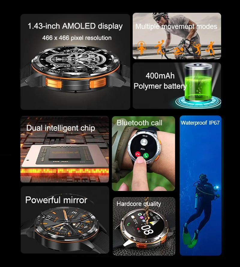 AK59 1.43" Reloj Round AMOLED Screen BT Calling Waterproof Blood Oxygen Fiess Sports Tracker Red Smart Watch