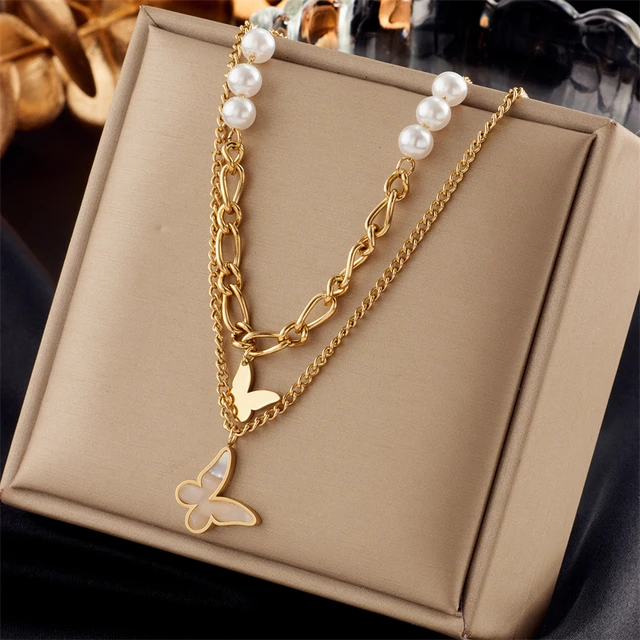 DIEYURO 316L Stainless Steel Pearl Heart Butterfly Cross Pendant Necklace For Women Fashion Girls Clavicle Chain Jewelry Gifts