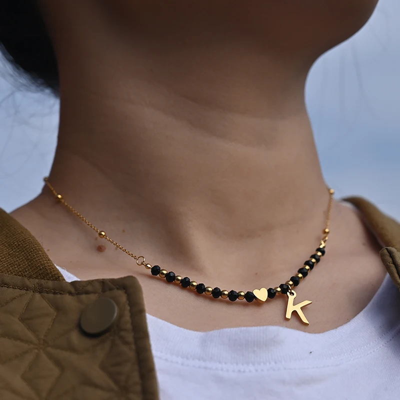 MOON GIRL Waterproof Gold Color Stainless Steel Heart Initial Necklace for Women Tarnish Free Faceted Crystal Necklace
