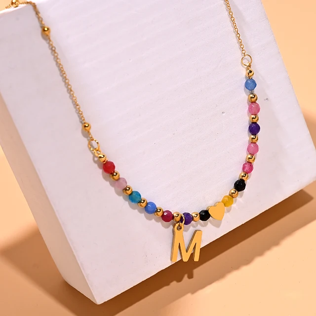 MOON GIRL Waterproof Gold Color Stainless Steel Heart Initial Necklace for Women Tarnish Free Faceted Crystal Necklace