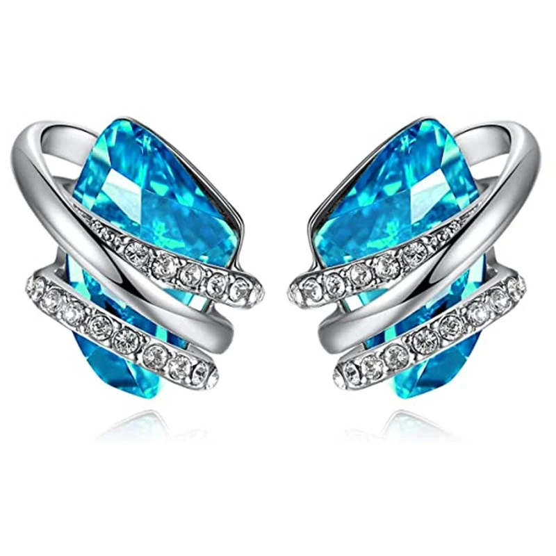 Huitan Unique Geometric Blue/Green/White Cubic Zirconia Stud Earrings for Women Engagement Wedding Party Fashion Earring Jewelry