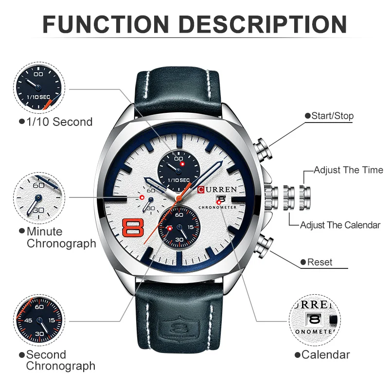 CURREN Top Brand Men's Military Sport Watch Men Leather Chronograph Quartz Wristwatch Calendar Male Clock Relogio Masculino