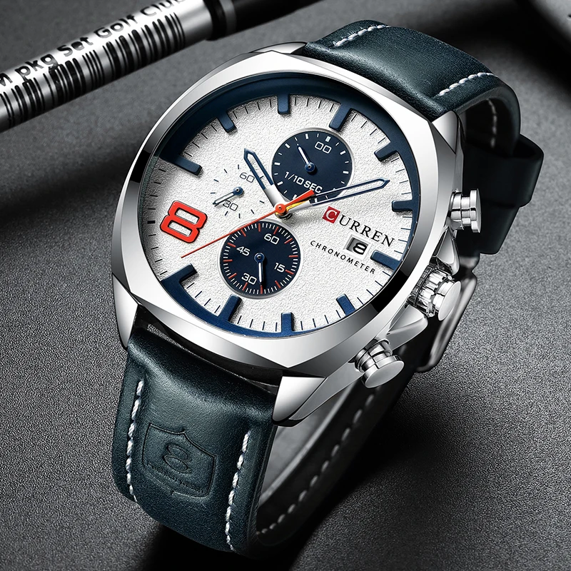 CURREN Top Brand Men's Military Sport Watch Men Leather Chronograph Quartz Wristwatch Calendar Male Clock Relogio Masculino