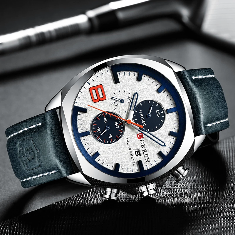 CURREN Top Brand Men's Military Sport Watch Men Leather Chronograph Quartz Wristwatch Calendar Male Clock Relogio Masculino