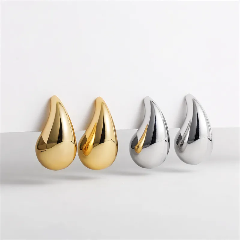 Vintage Gold Plated Chunky Dome Drop Earrings for Women Glossy Stainless Steel Thick Teardrop Earrings Dupes Lightweight Hoops