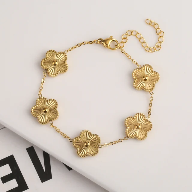 Y2K Style Metal Double Sided Plum Blossom Plant Five Leaf Flower Adjustable Bracelet Stainless Steel Luxury Women's Clover 1PC