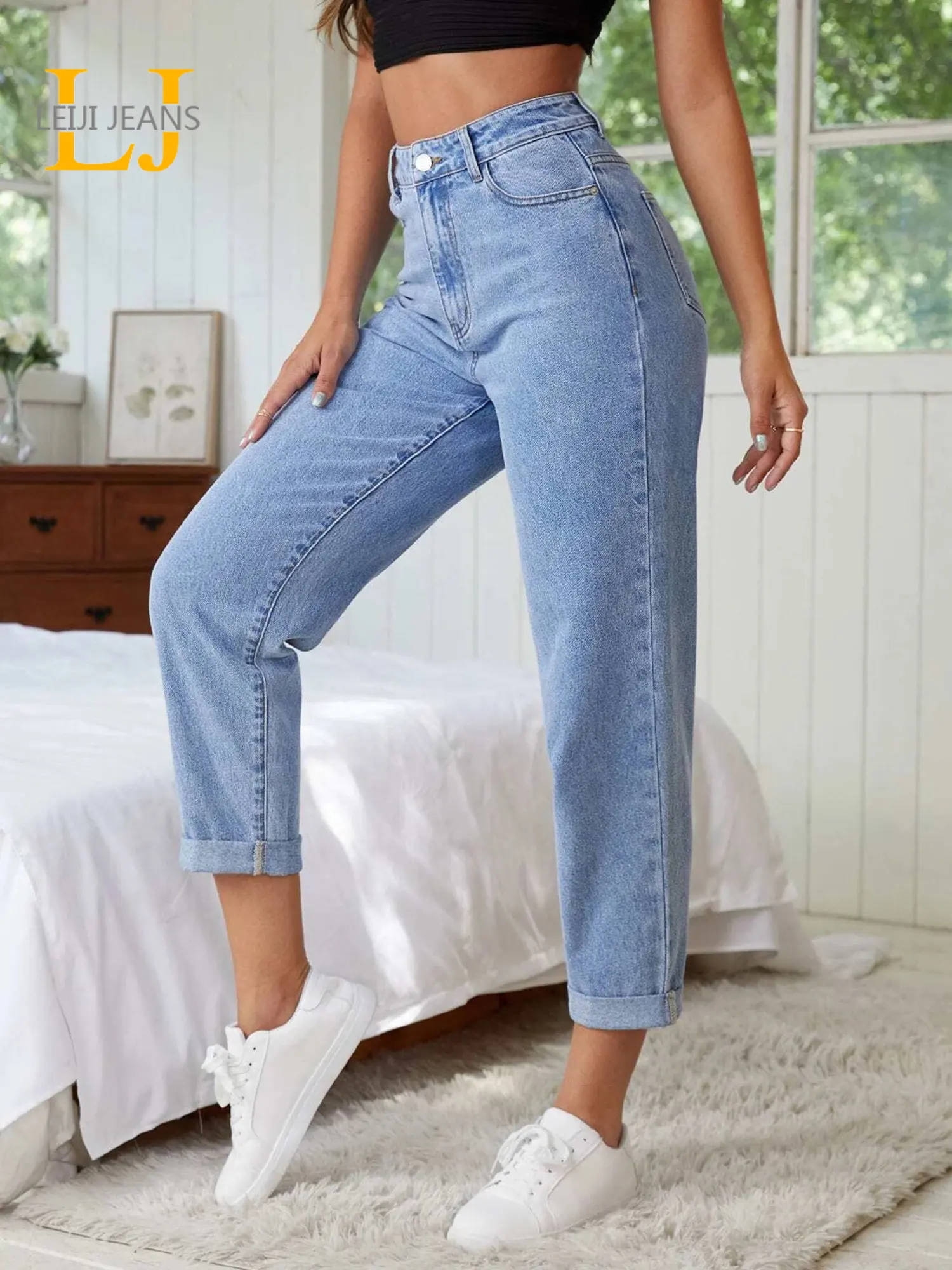 Plus Size Jeans for Women Light Blue Harem Jeans Women High Waist Stretchy Ankle Jeans 100 Kgs Spring and Summer Jeans for Mom