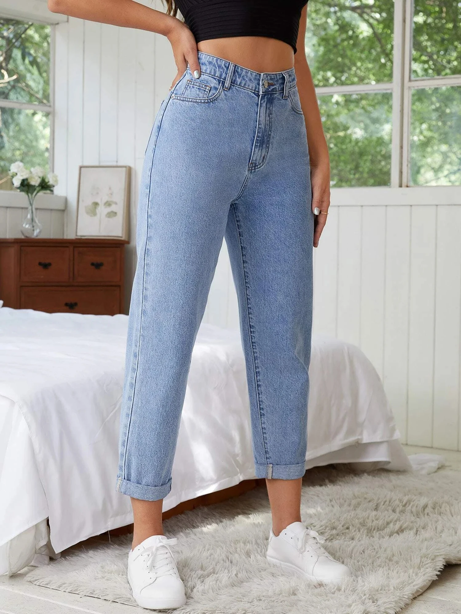 Plus Size Jeans for Women Light Blue Harem Jeans Women High Waist Stretchy Ankle Jeans 100 Kgs Spring and Summer Jeans for Mom