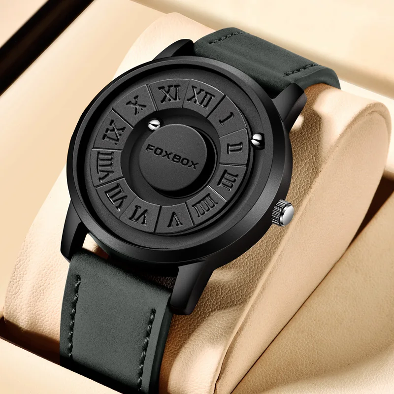 FOXBOX Mens Watches Creative Scrolling Pointer Magnetic Force Quartz Wristwatch Genuine Leather Watch Man Relogio Masculino+BoxP