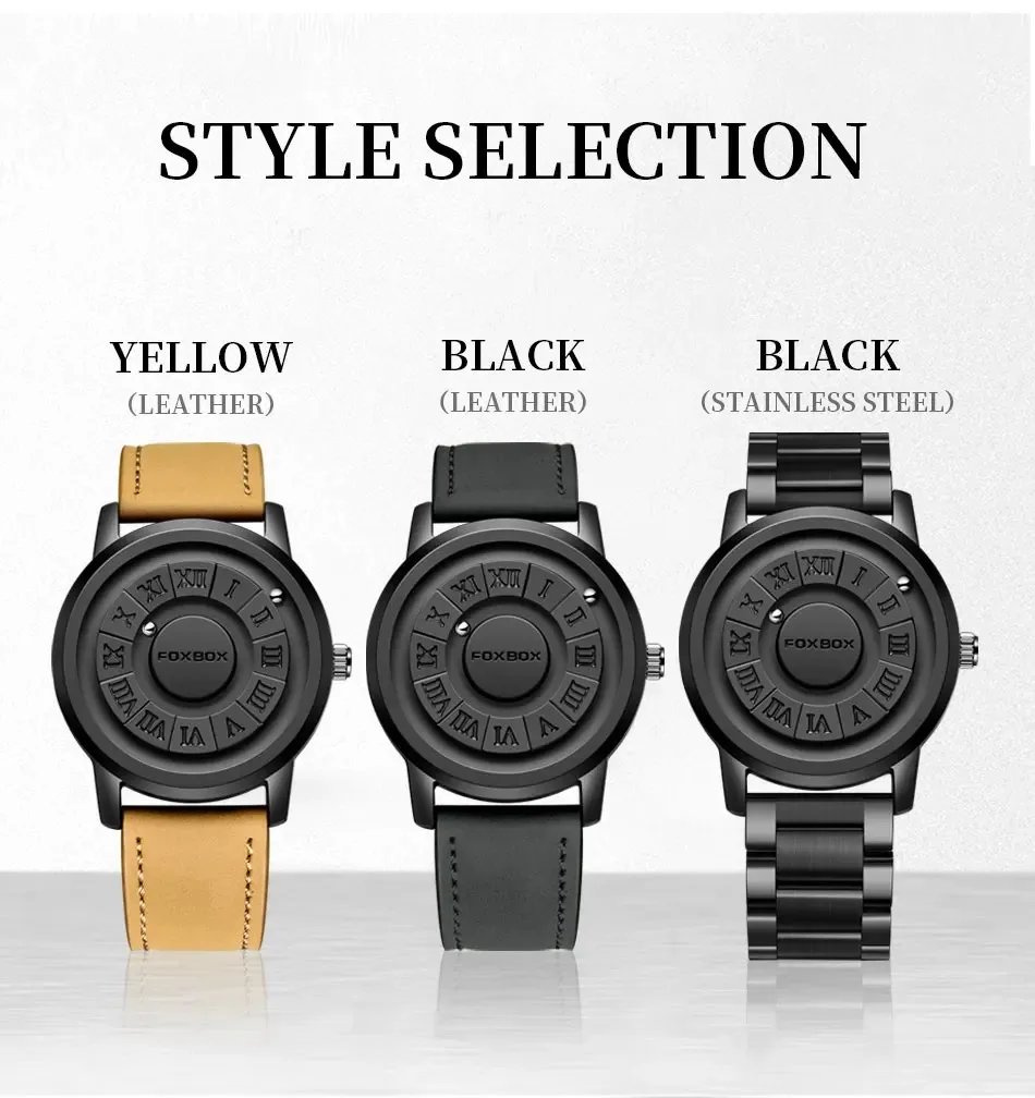 FOXBOX Mens Watches Creative Scrolling Pointer Magnetic Force Quartz Wristwatch Genuine Leather Watch Man Relogio Masculino+BoxP