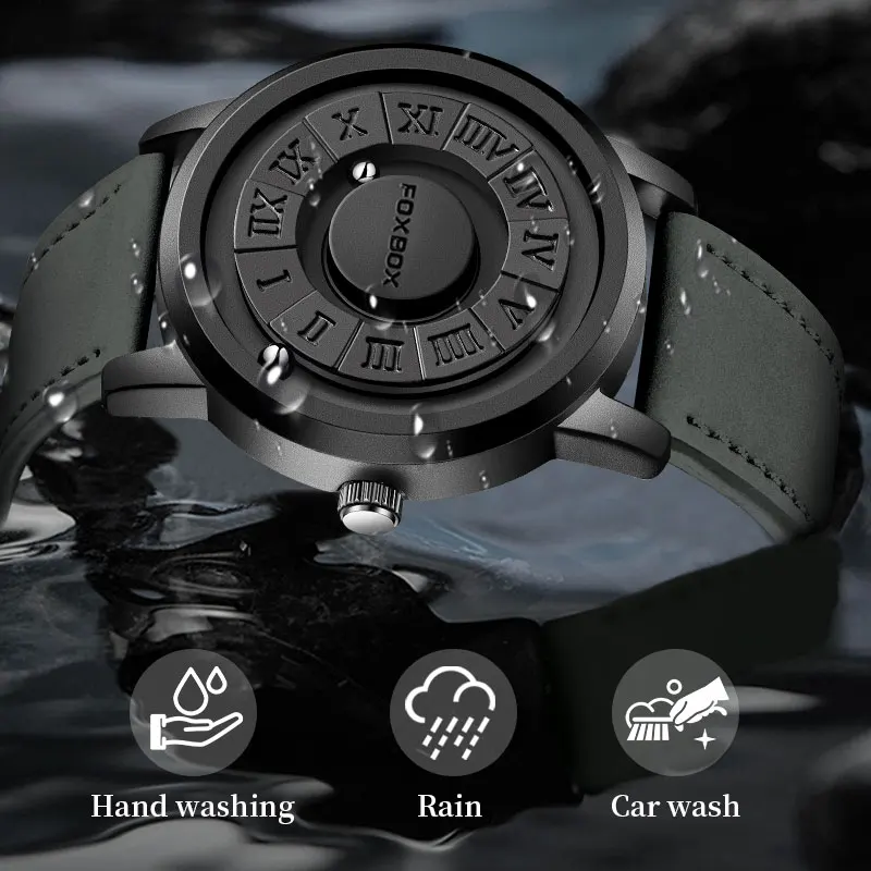 FOXBOX Mens Watches Creative Scrolling Pointer Magnetic Force Quartz Wristwatch Genuine Leather Watch Man Relogio Masculino+BoxP