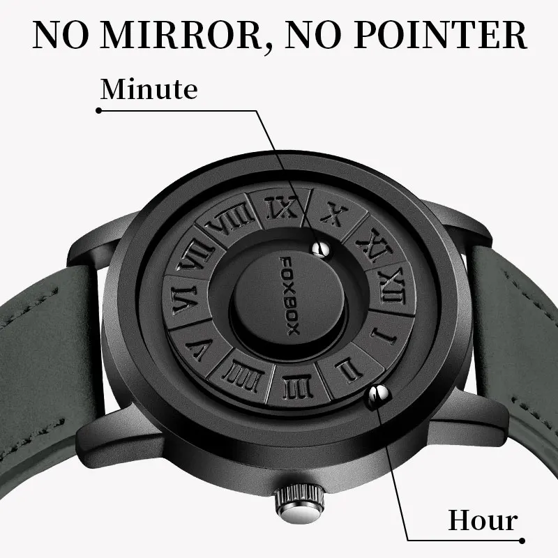 FOXBOX Mens Watches Creative Scrolling Pointer Magnetic Force Quartz Wristwatch Genuine Leather Watch Man Relogio Masculino+BoxP