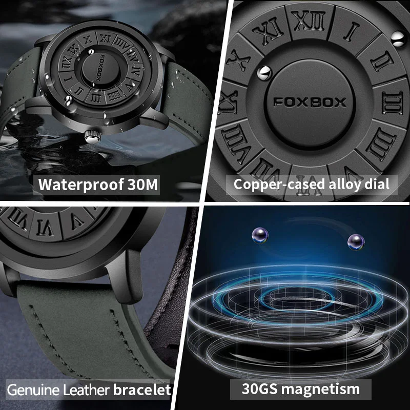 FOXBOX Mens Watches Creative Scrolling Pointer Magnetic Force Quartz Wristwatch Genuine Leather Watch Man Relogio Masculino+BoxP